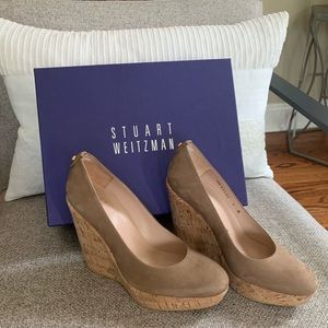 Stewart Weitzman Tan Nubuc Corkswoon Wedges, women’s size 7